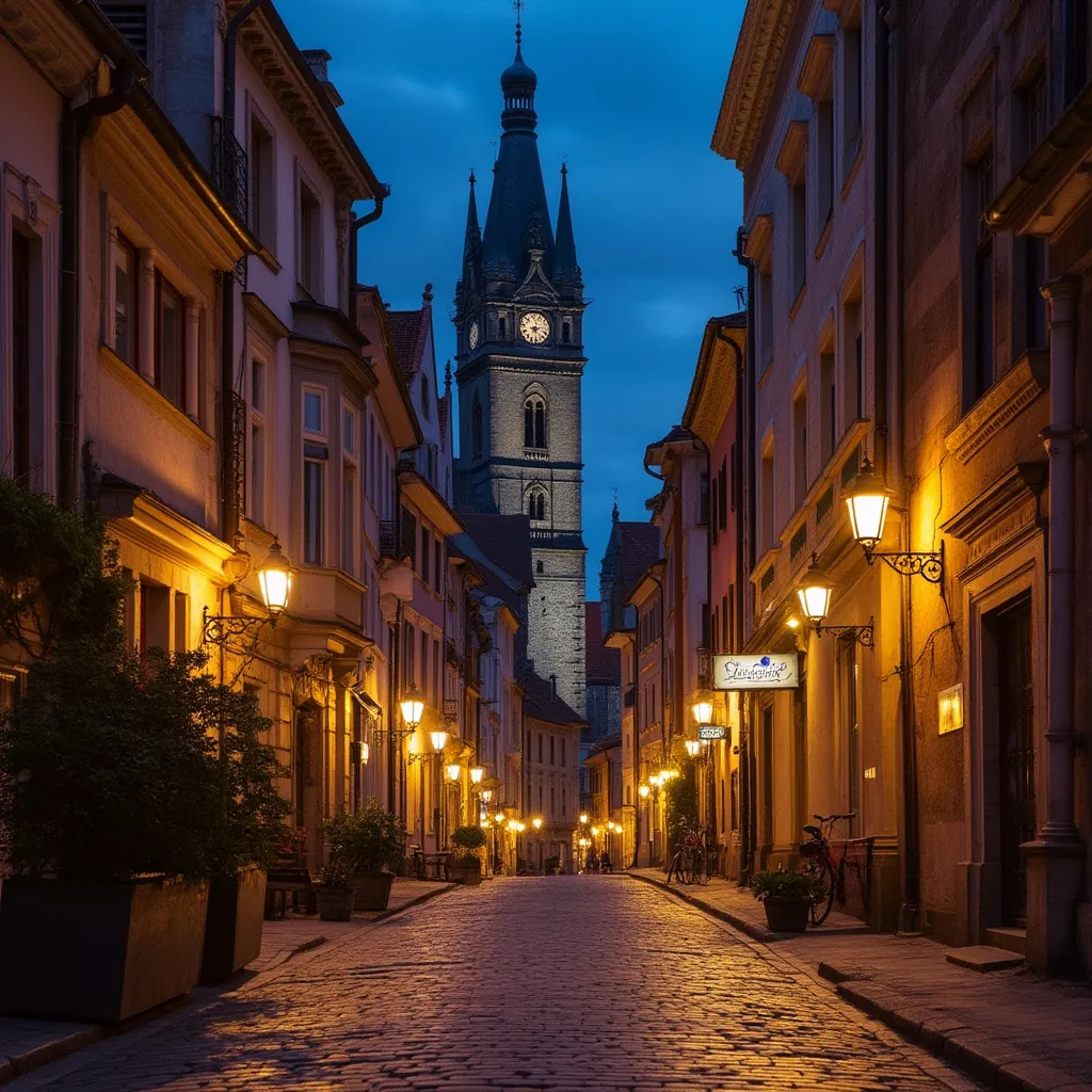 Ciudad histórica iluminada por la noche